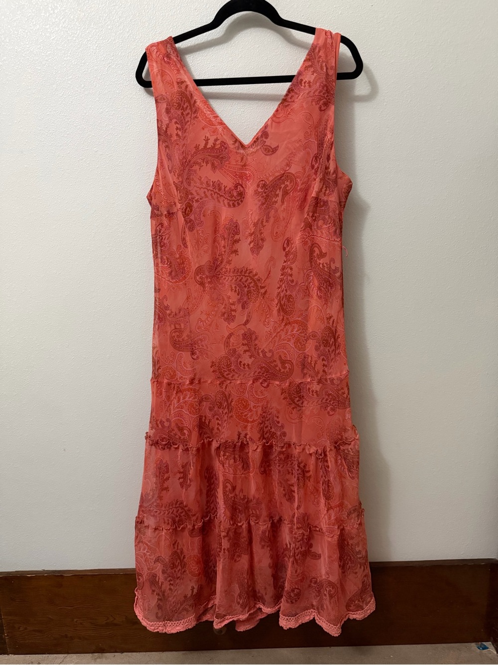 Vintage Believe Woman 20W Coral Paisley Tiered Midi Dress (Made in USA)